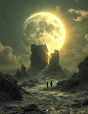 Primary subject: Two people walking on a rocky path at night.

Setting/background: The setting is a rocky landscape with a moon in the sky, creating a dark and mysterious atmosphere.

Visual style: The image is a digital art piece, featuring a surreal and dramatic scene.

Colors and mood: The dominant colors are black, white, and shades of gray, with the moonlight adding a touch of warmth to the scene. The overall mood is one of solitude and contemplation.